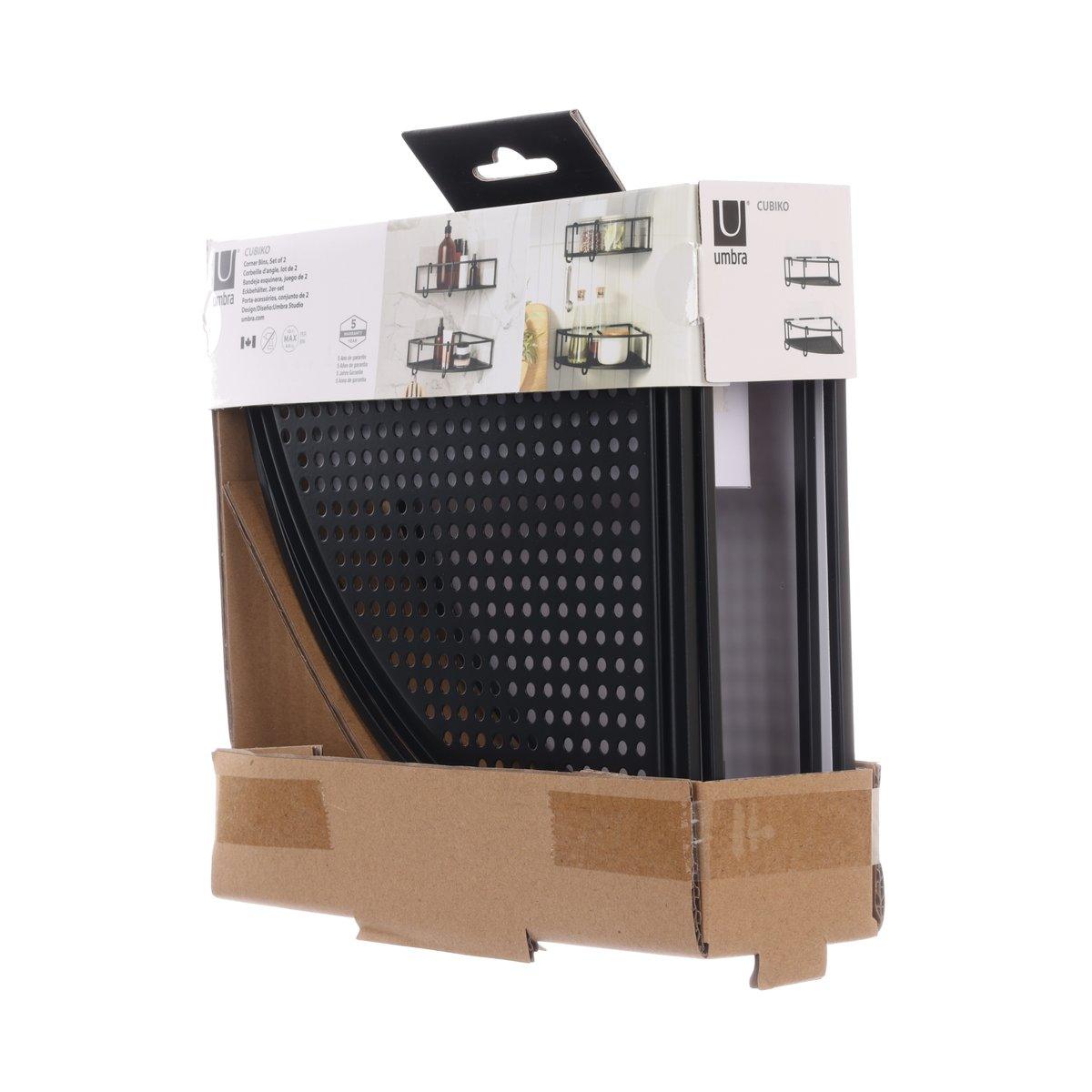 Black corner trash bin set of 2 with perforated front and tall side panel