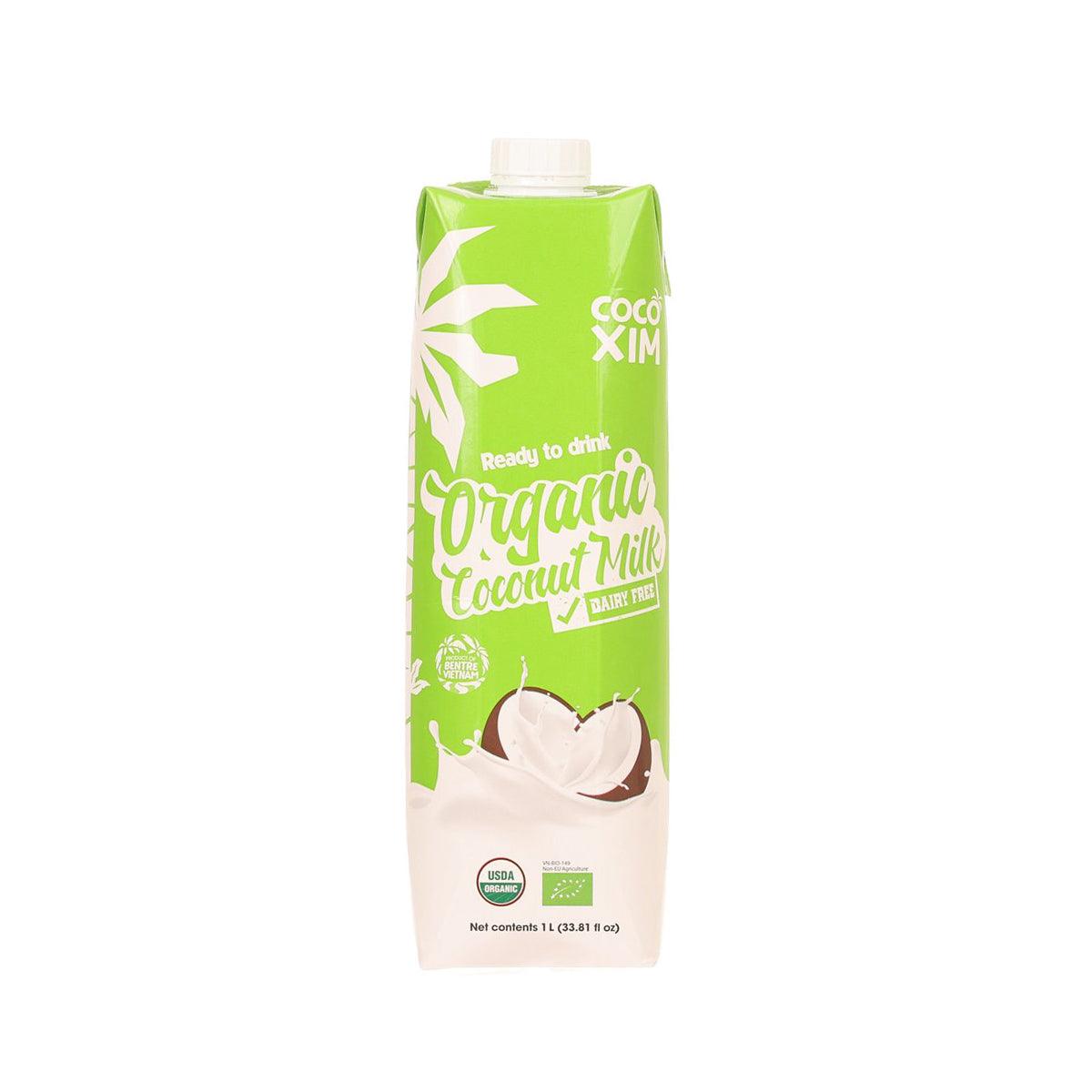 1L organic coconut milk carton, front panel with ready-to-drink label