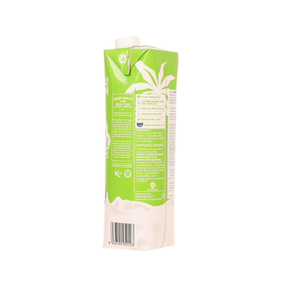 1L organic coconut milk carton, back panel with product info and nutrition