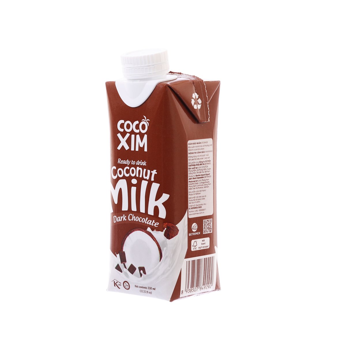 Coco XIM dark chocolate coconut milk carton showing side panel, 330 mL