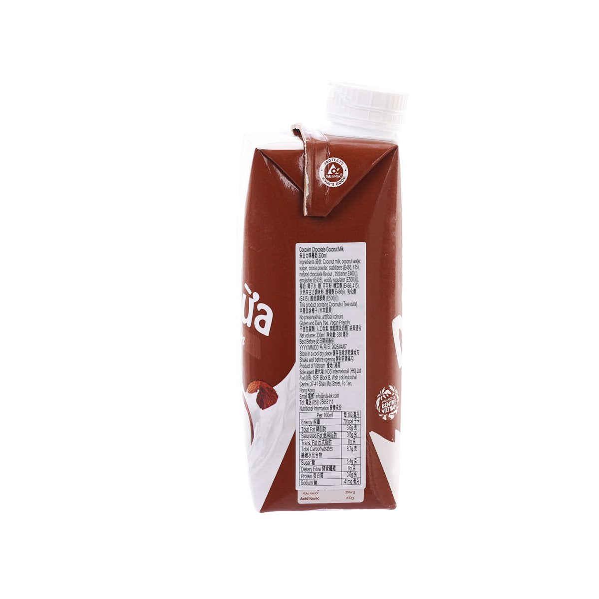 Coco XIM dark chocolate coconut milk carton with nutrition panel, 330 mL