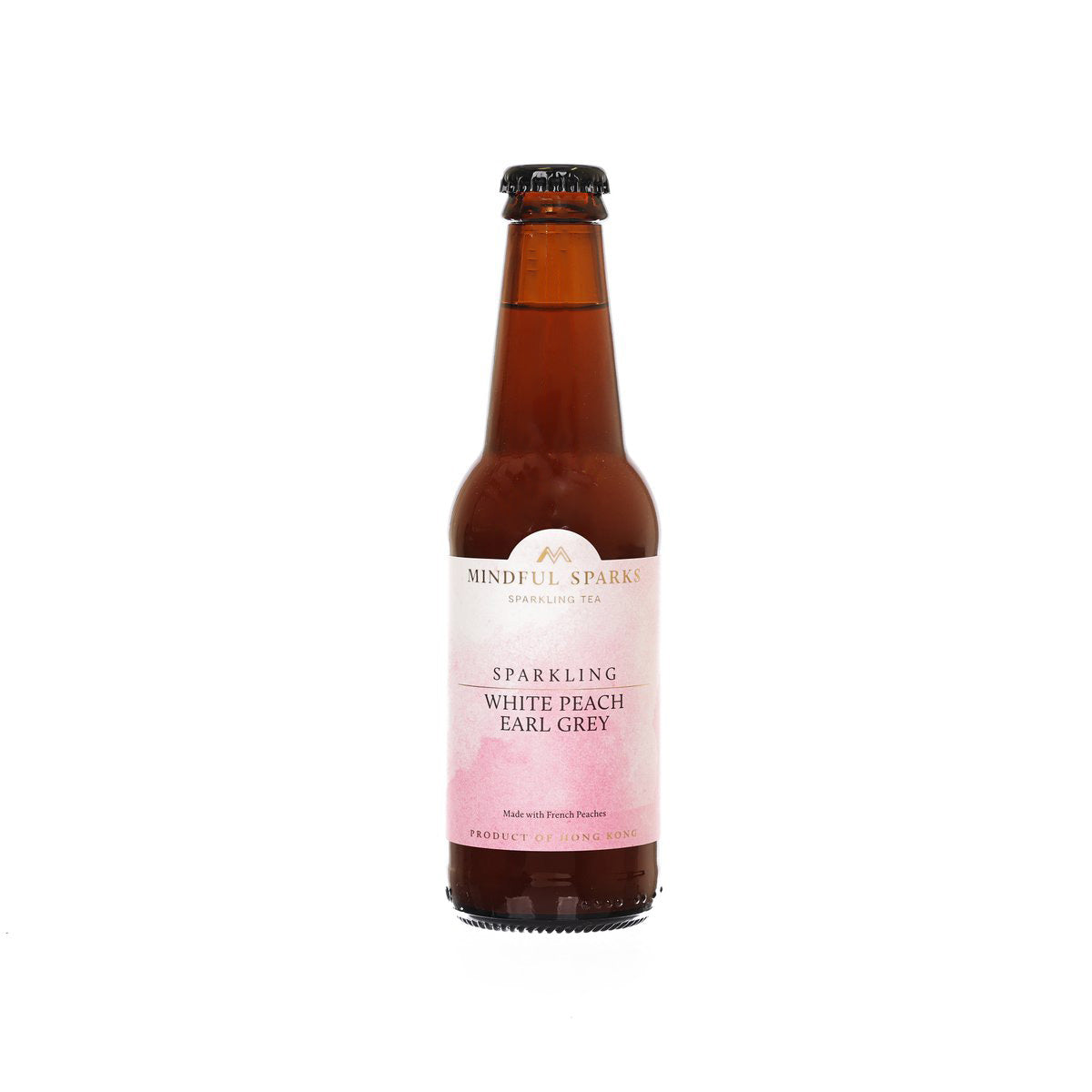 MINDFUL SPARKS sparkling white peach earl grey tea bottle, amber glass, front label