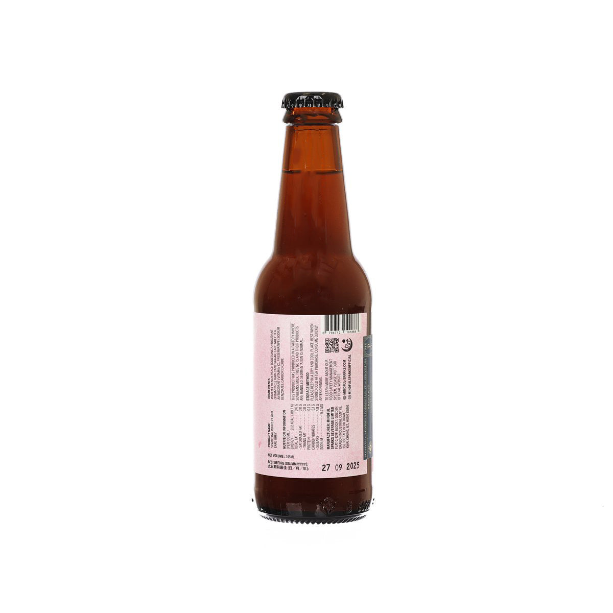 MINDFUL SPARKS sparkling tea bottle with back nutrition label, amber glass