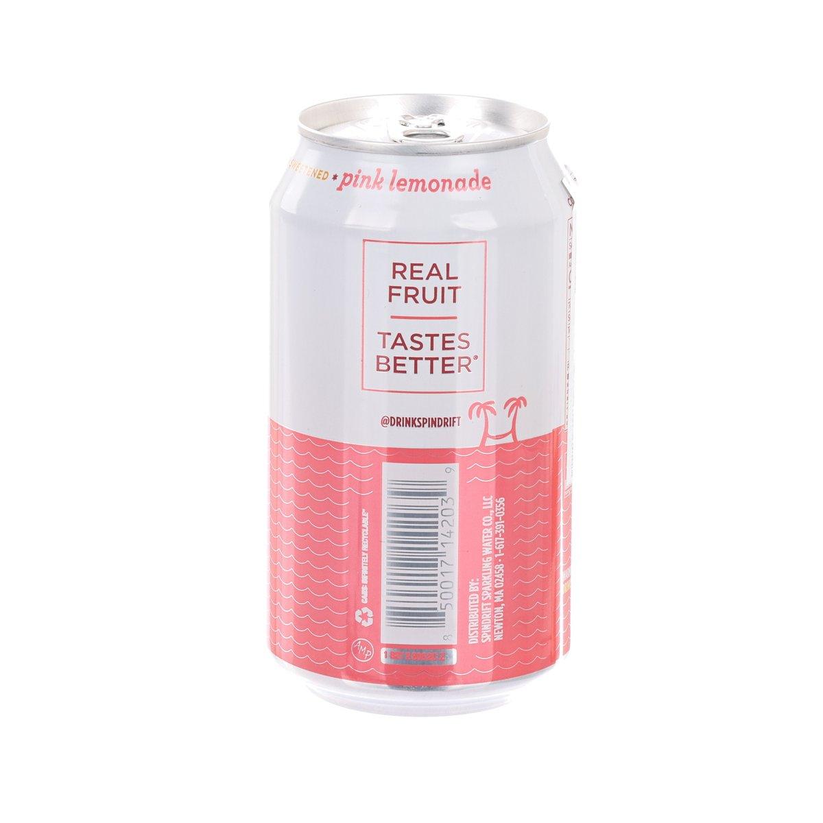 SPINDRIFT pink lemonade sparkling water can back with barcode and label text, 355 mL