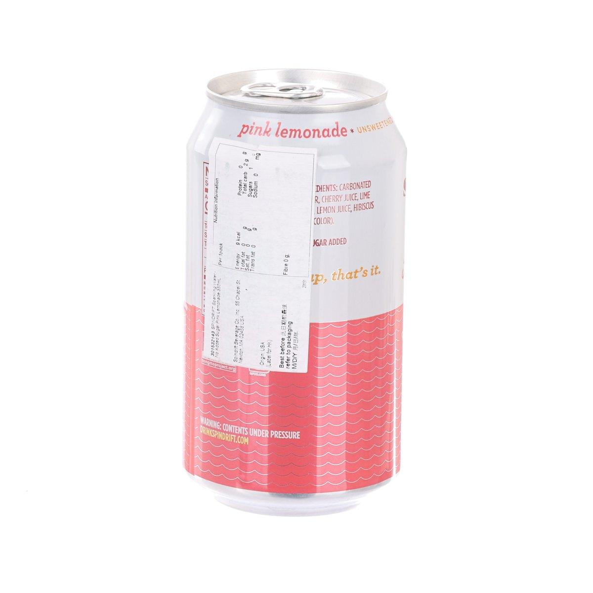 SPINDRIFT sparkling water can, pink lemonade, back panel with ingredients text, 355 mL
