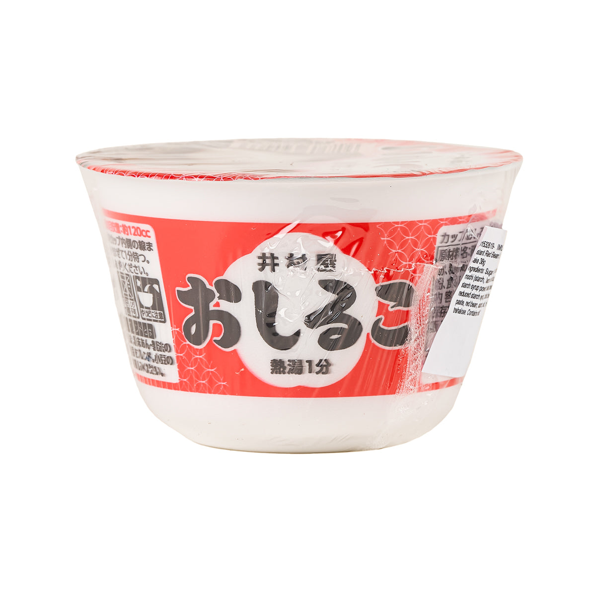 Instant red bean soup cup with rice cake, red-and-white front label