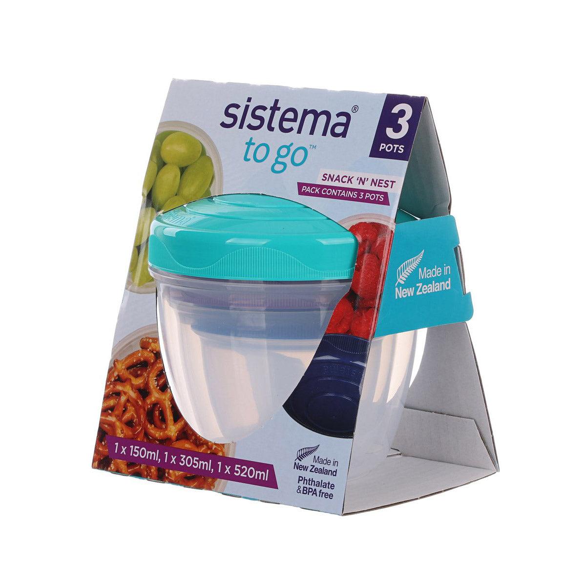 Snack 'n' Nest inner containers set, teal, navy, and purple lids
