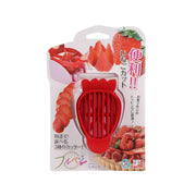 Strawberry slice cutter in red plastic, packaged with handle and slicing insert