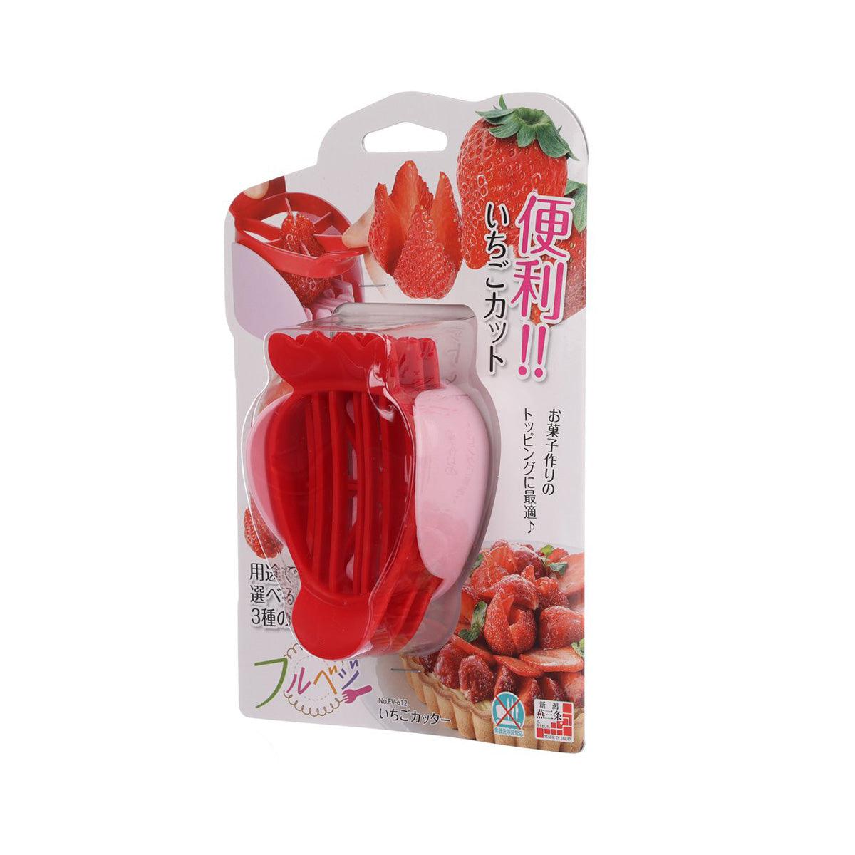 Red strawberry slice cutter tool with vented blade, in blister package
