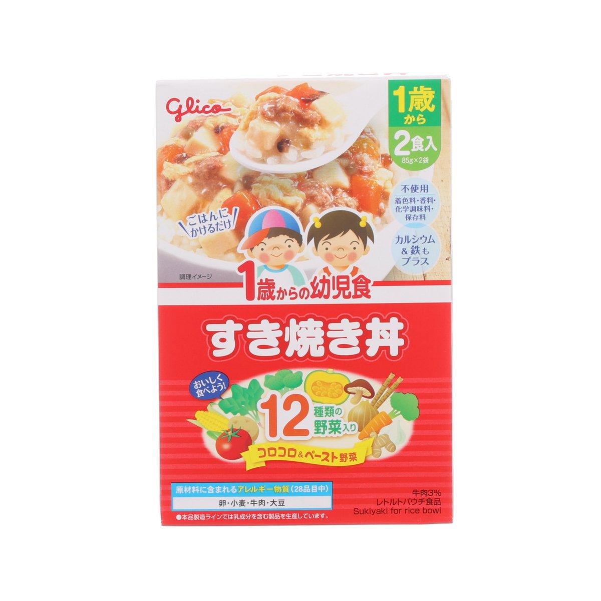 Glico sukiyaki rice topping box, red front with vegetable and chopstick graphics