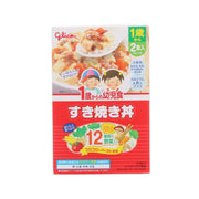 Glico sukiyaki rice topping box, red front with vegetable and chopstick graphics