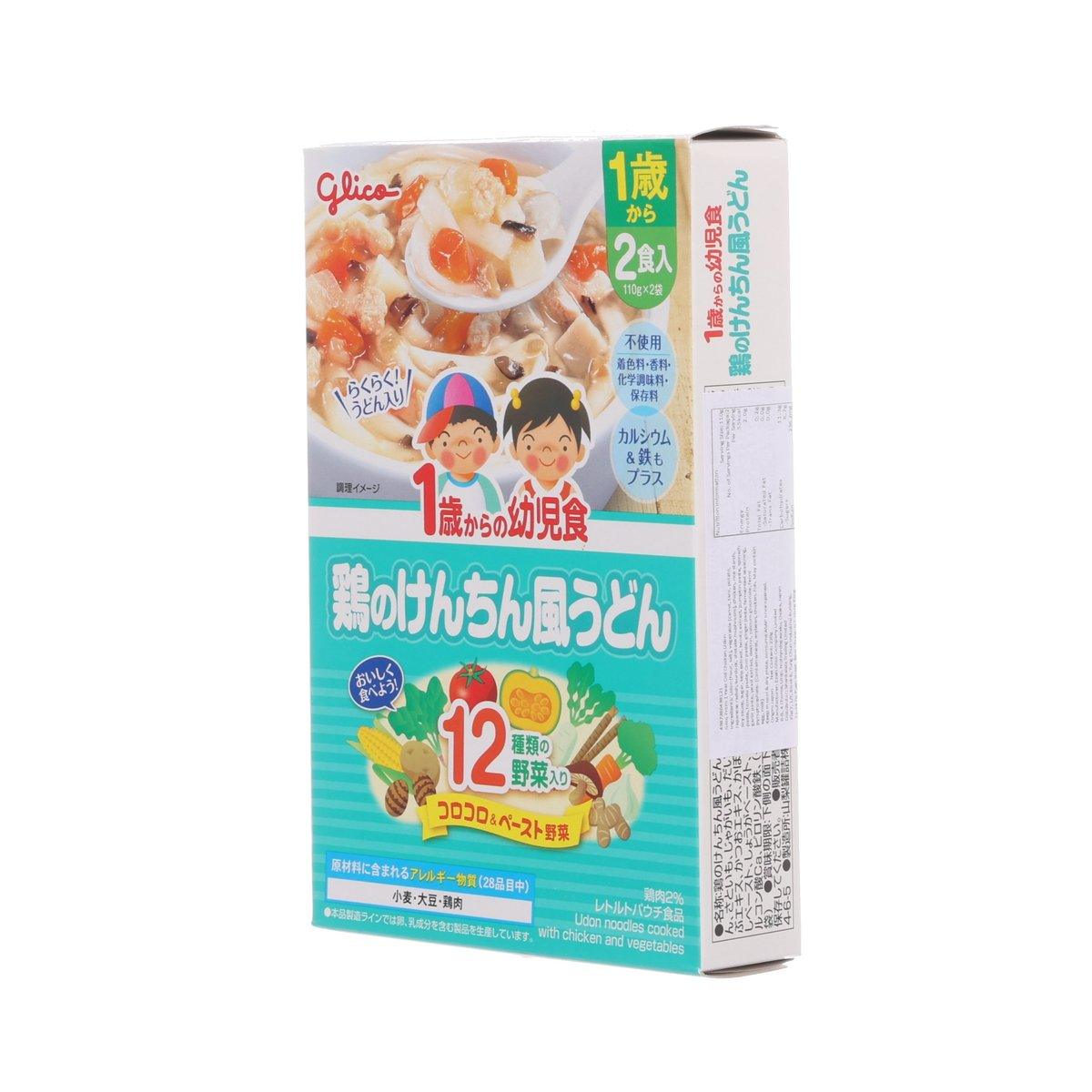 Chicken and vegetable udon noodles package side panel, 1 year, product info