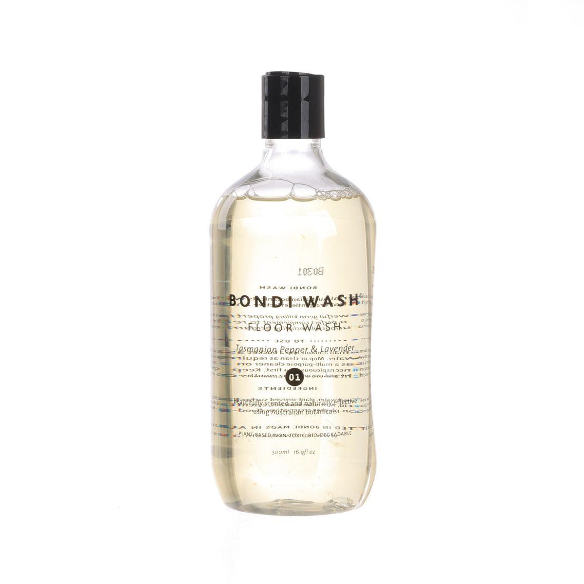 BONDI WASH floor wash bottle, black cap, clear liquid, Tasmanian Pepper & Lavender label