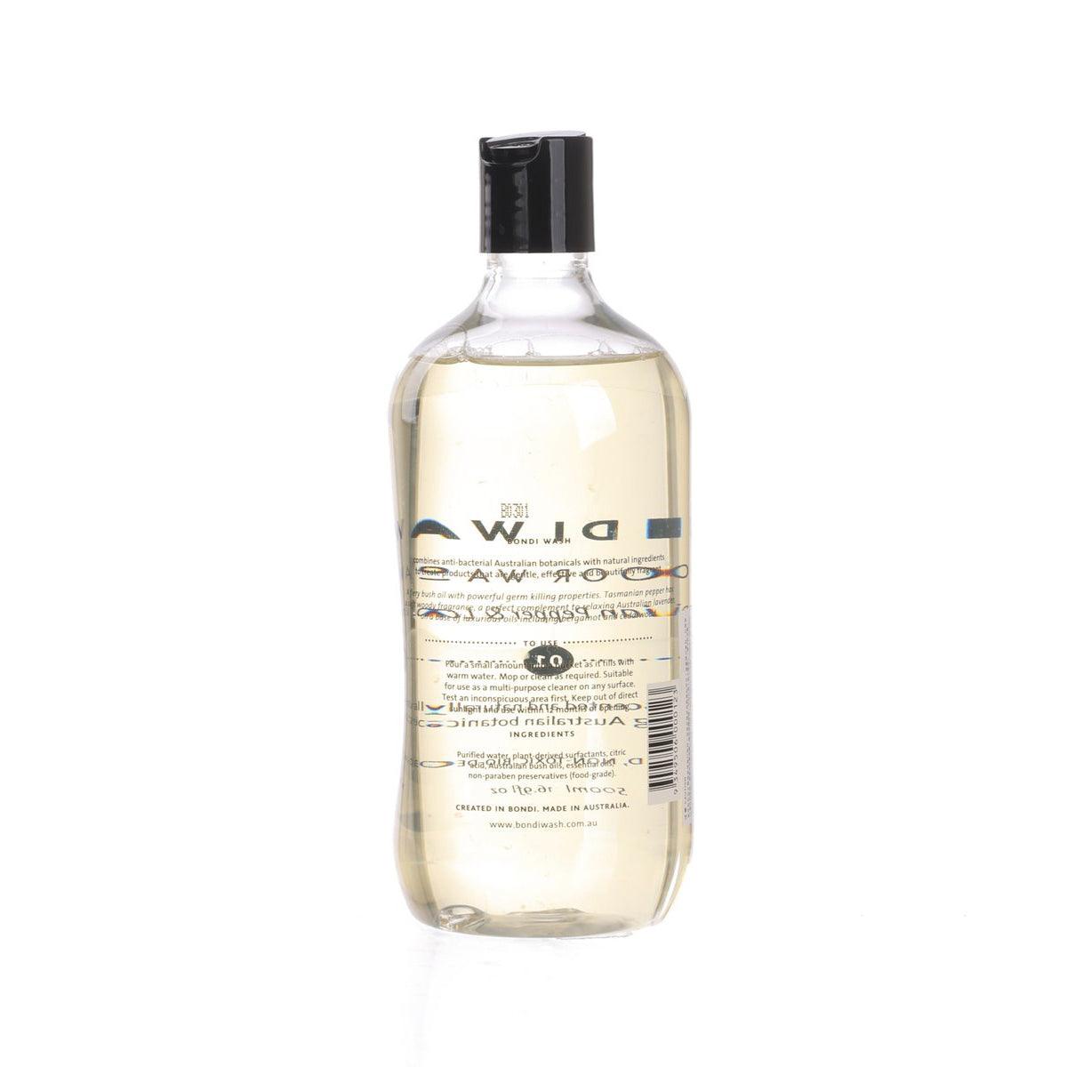 BONDI WASH floor wash bottle, black cap, clear bottle with ingredient text label