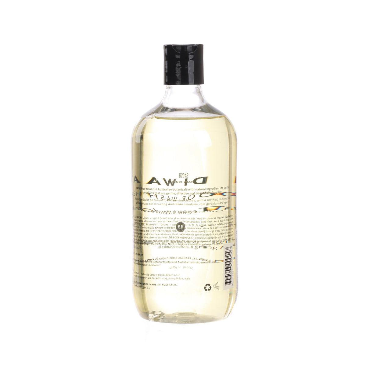 BONDI WASH floor wash bottle back label with barcode and ingredient text