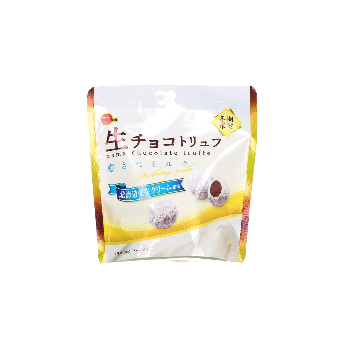 Milk chocolate truffle pouch with photo of truffle balls, yellow and white packaging.