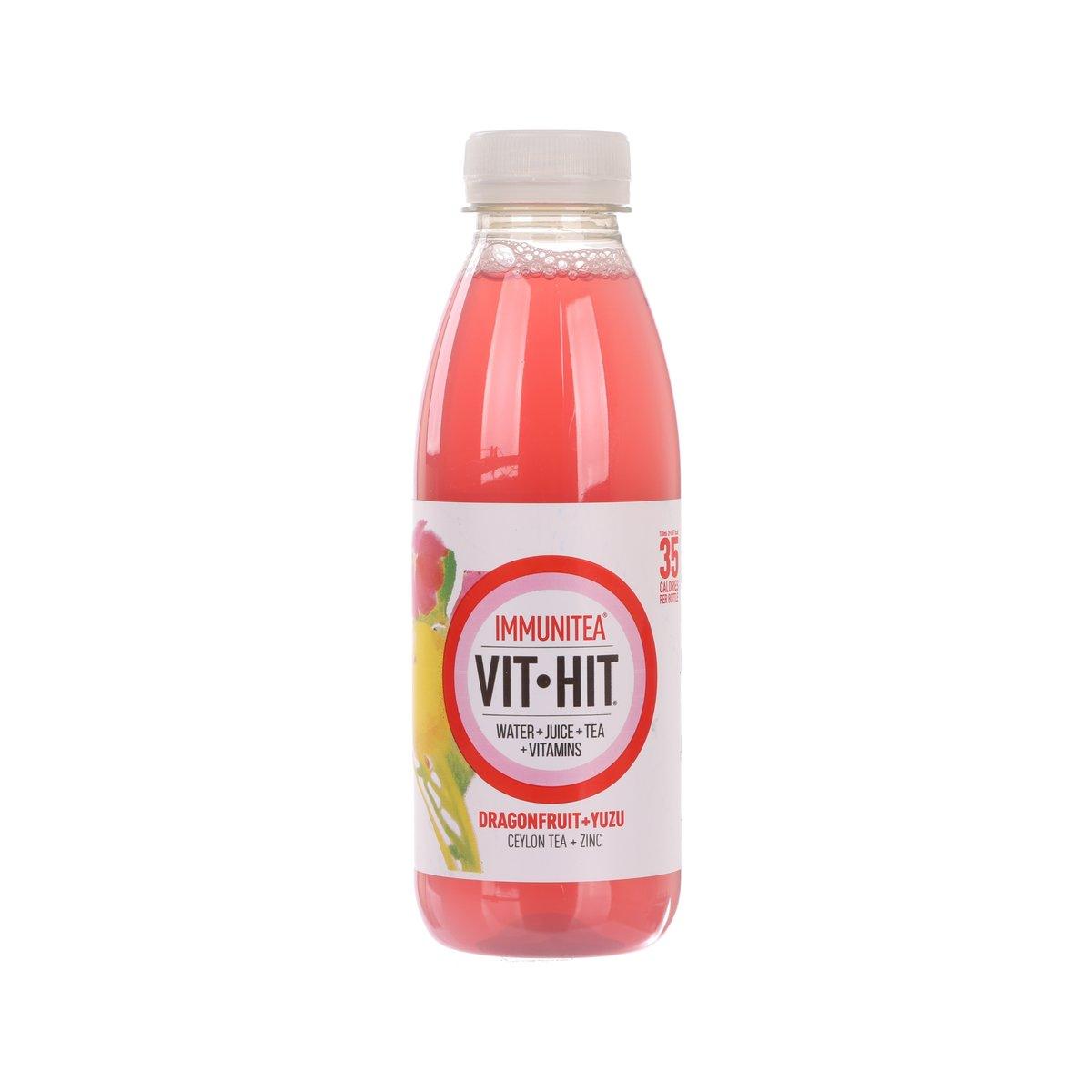 VITHIT Immunitea dragonfruit yuzu vitamin tea bottle, 500 mL, front label