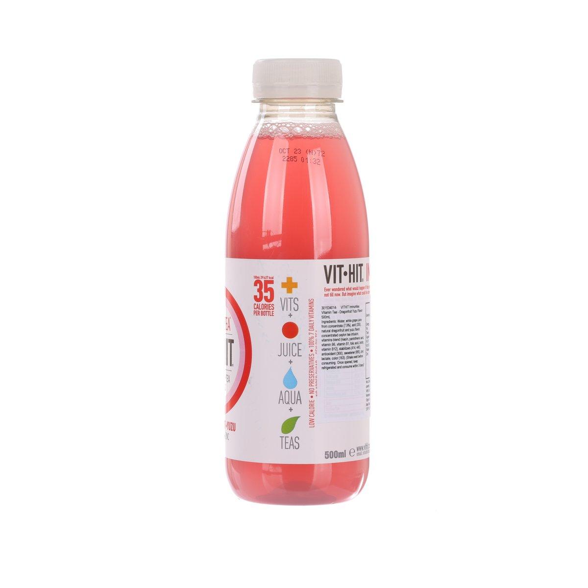 VITHIT Immunitea vitamin tea bottle, 500 mL, back label with 35+ and icons