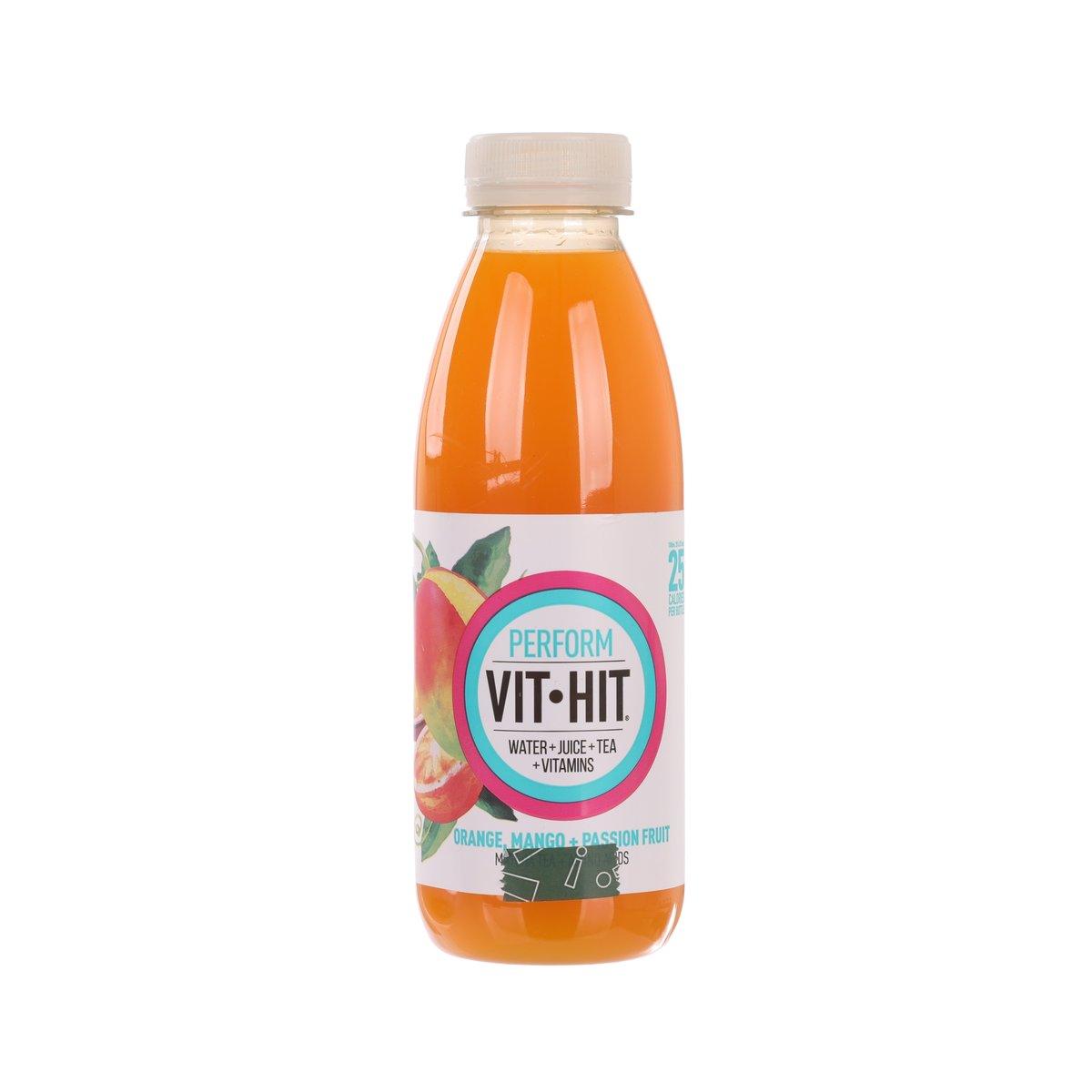Orange vitamin tea drink bottle with VITHIT Perform label, 500 mL.