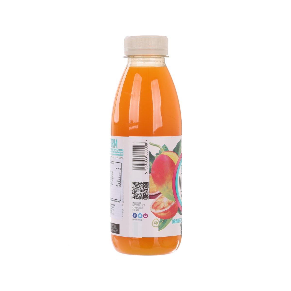 Orange vitamin tea drink bottle, barcode and fruit flavor label panel.
