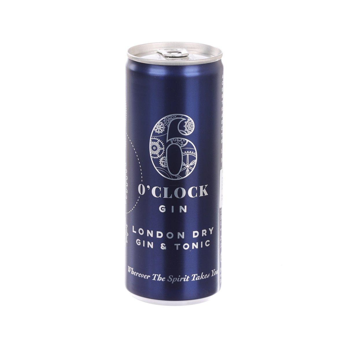 Blue gin & tonic can with 'O'Clock' logo and London dry gin text