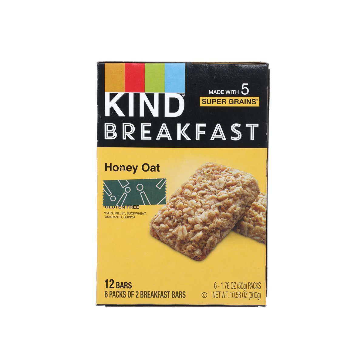 KIND Breakfast Honey Oat protein bar box, front view with bar photo and 12 bars