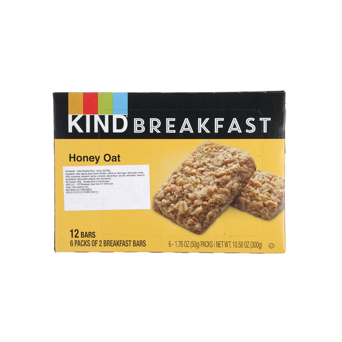 KIND Breakfast Honey Oat protein bar box, side-front view with 12 bars text
