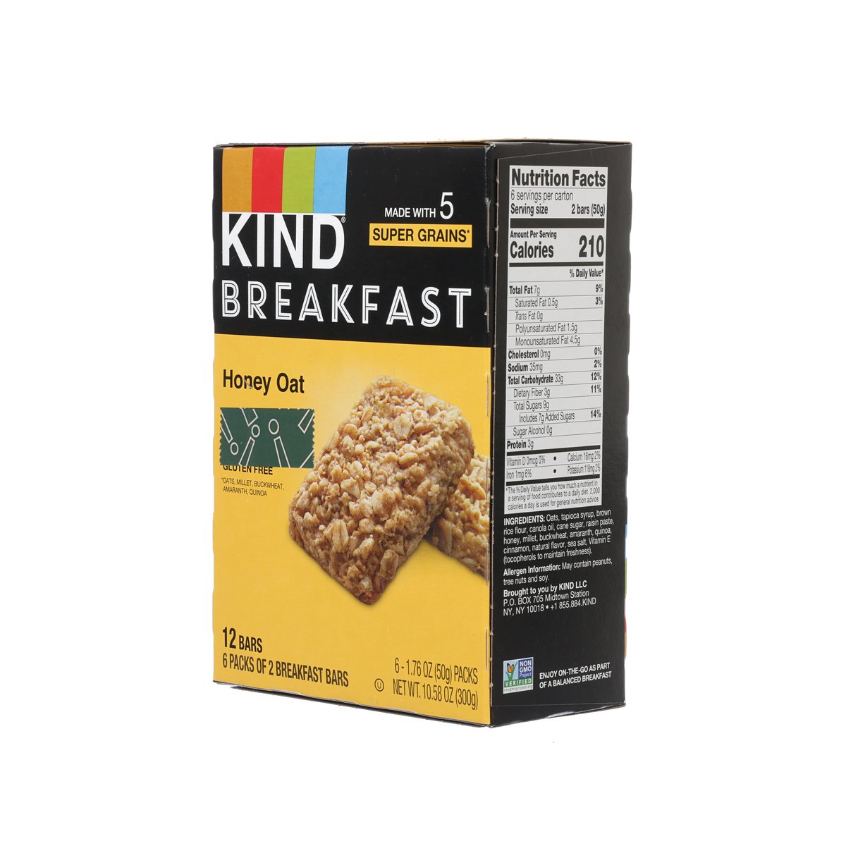 KIND Breakfast Honey Oat protein bar box, side panel with bar photo and nutrition