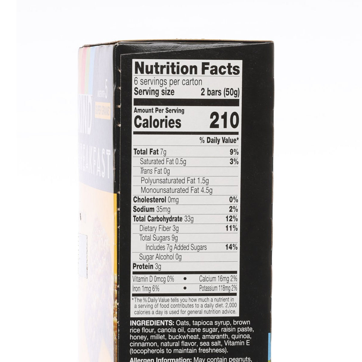 Protein bar nutrition facts panel on KIND Breakfast Honey Oat box
