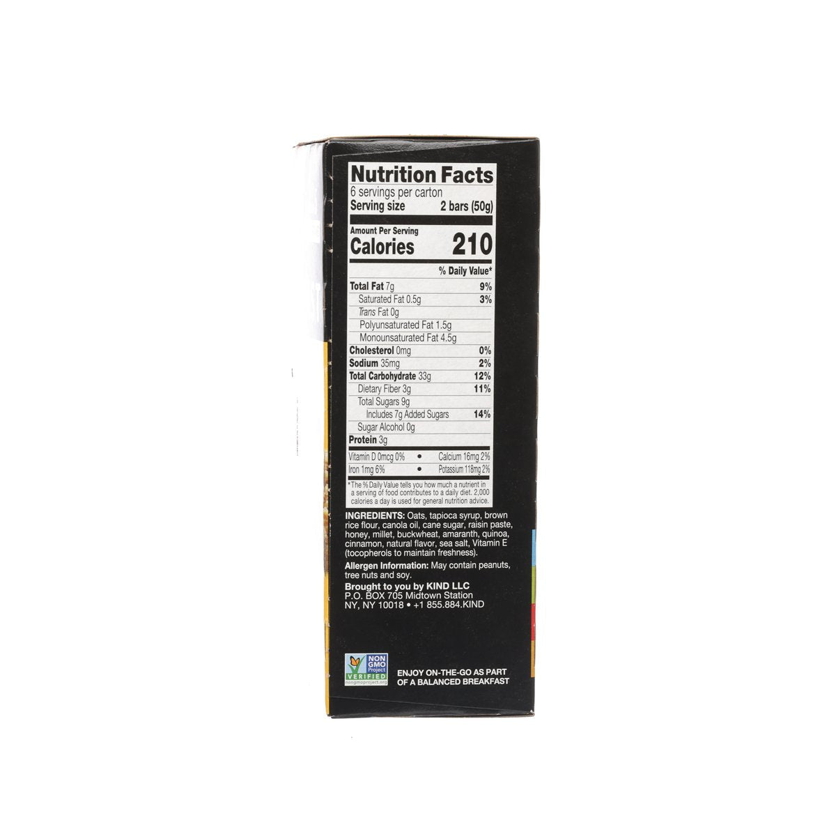 Back nutrition facts panel on KIND Breakfast Honey Oat protein bar box