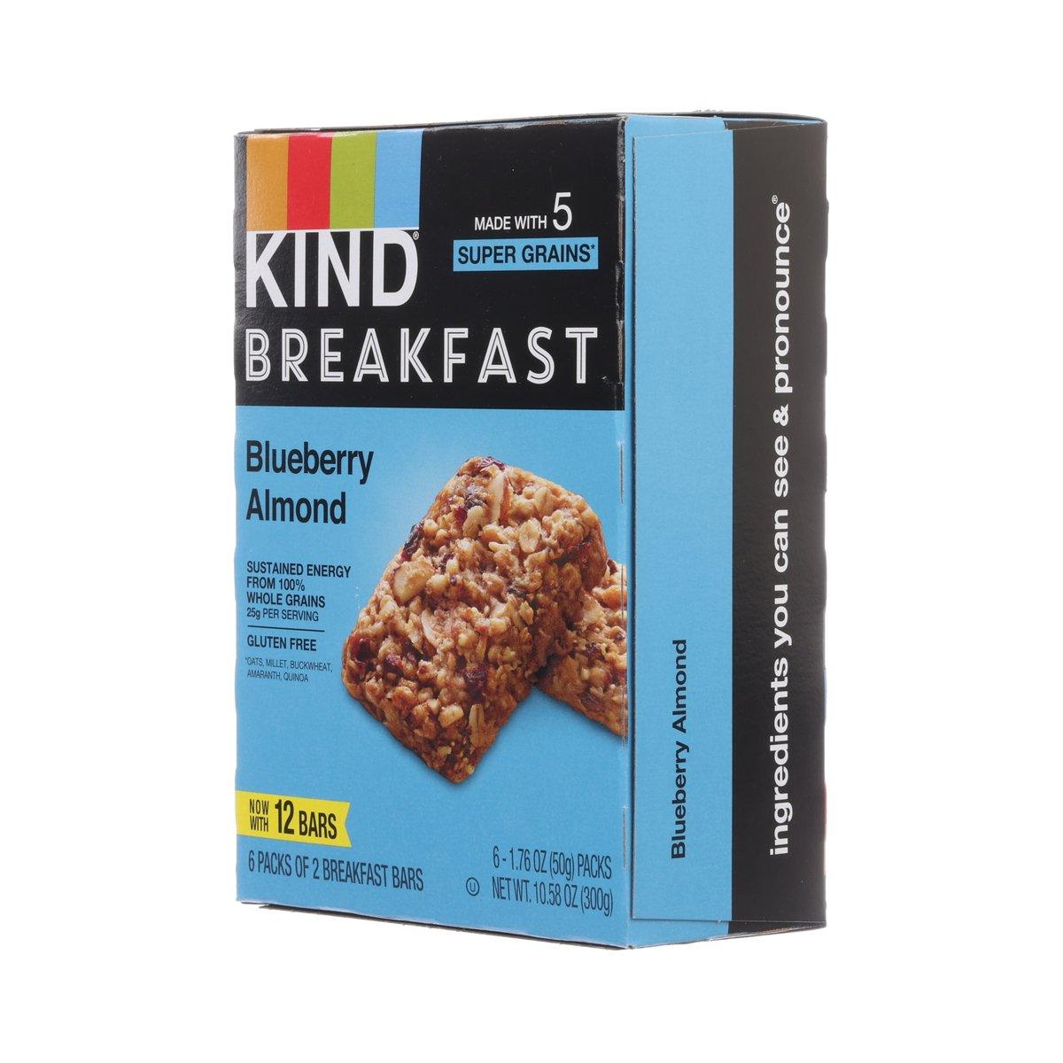 Blueberry almond KIND Breakfast bar box, side panel with ingredient and ingredient info