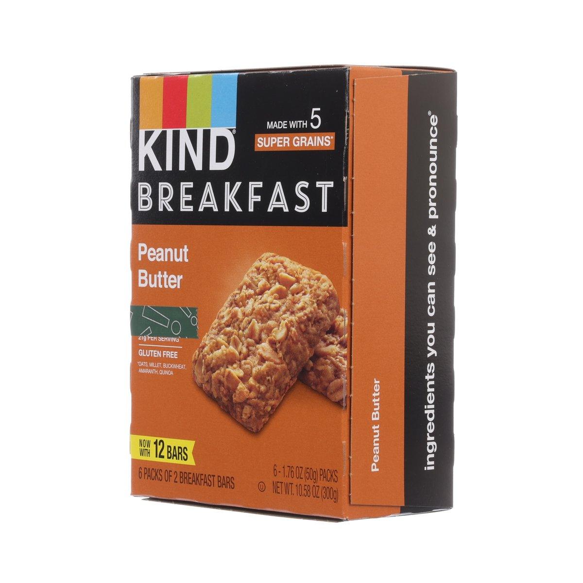 KIND Breakfast Peanut Butter bar box, orange and black with side panel and bar photo