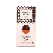 Organic dark chocolate hazelnut biscotti pouch, front label and biscuit photo