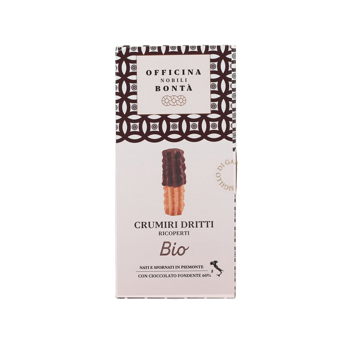 Organic dark chocolate coated biscuit box with front label and biscuit illustration