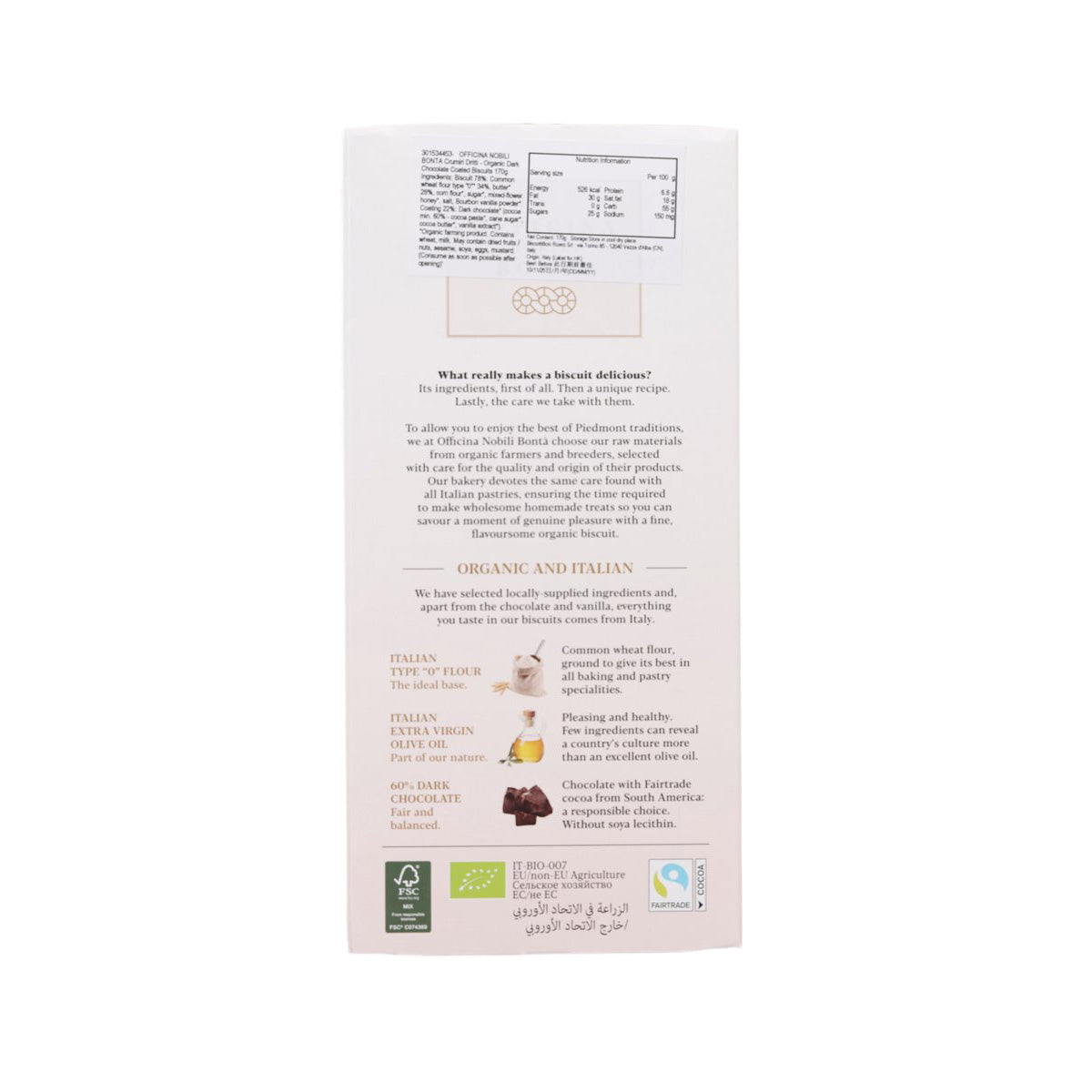 Organic dark chocolate biscuit package back panel with ingredient and nutrition text