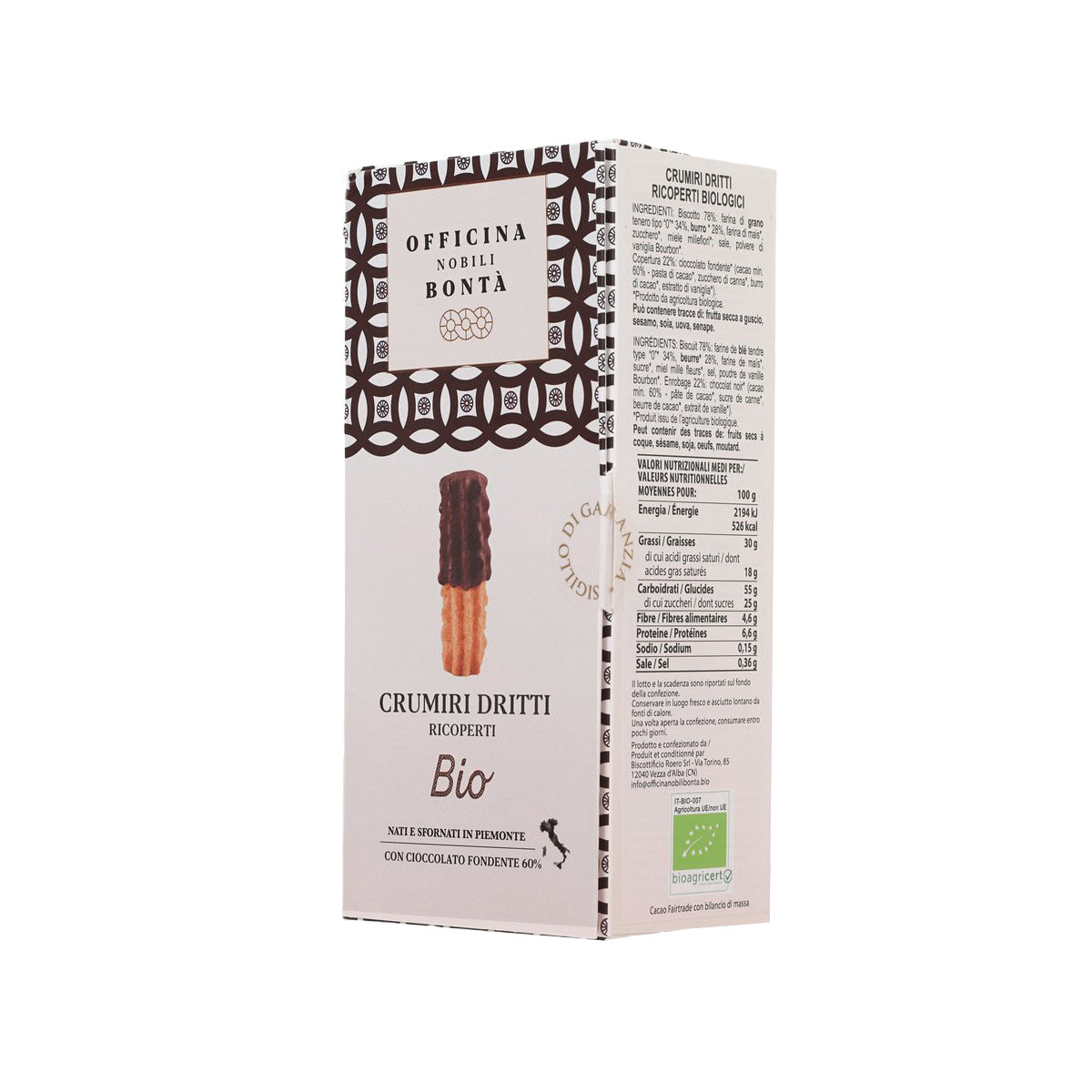 Organic dark chocolate biscuit package showing side label and nutrition panel