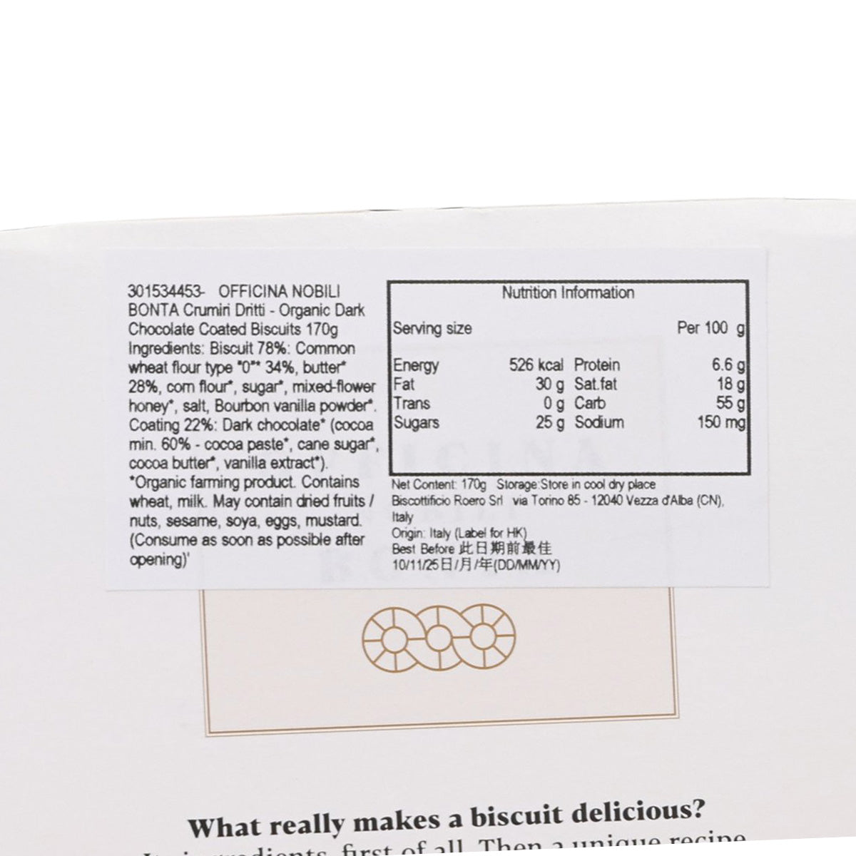 Nutrition information label on organic dark chocolate coated biscuit packaging