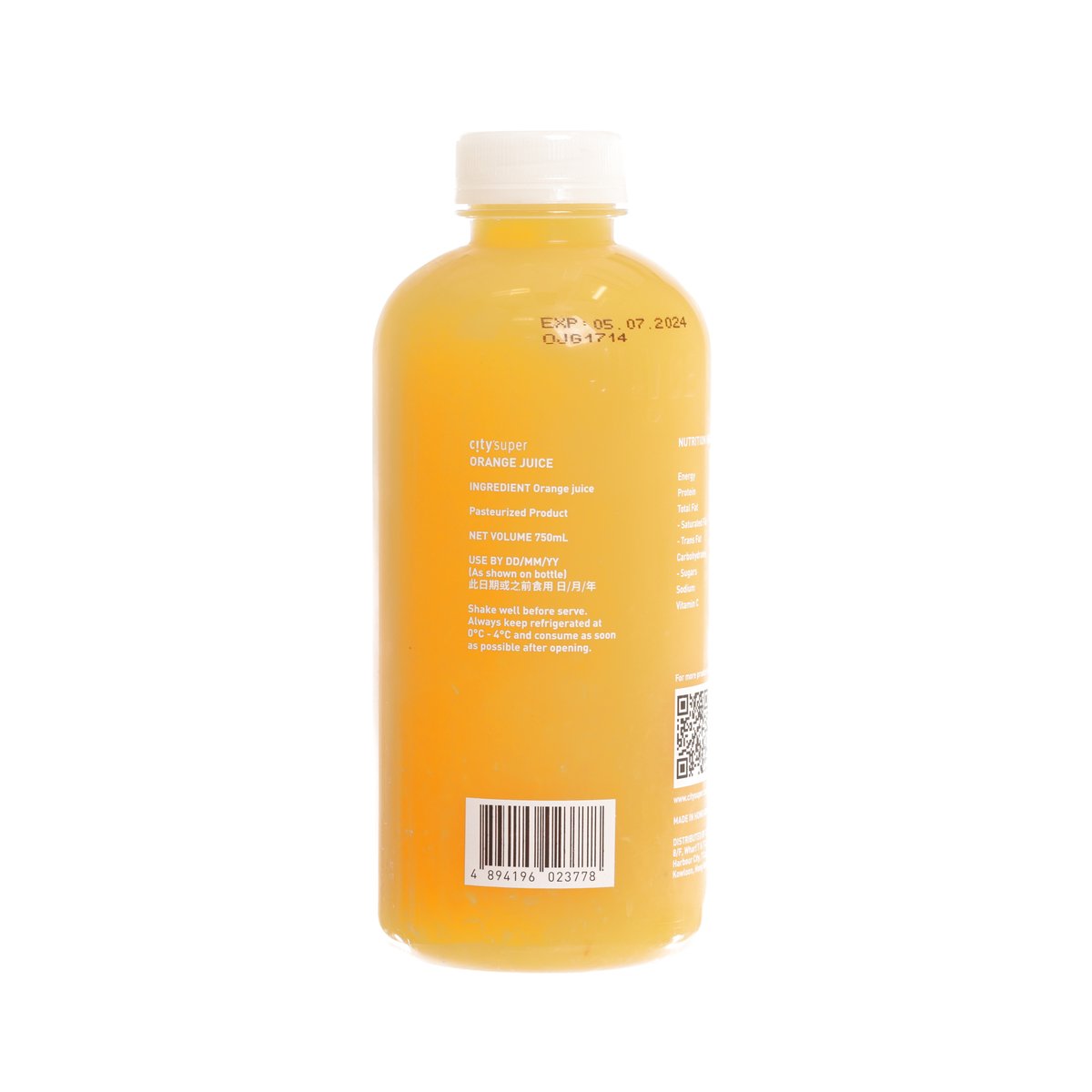 Orange juice bottle (750 mL) with back label and barcode