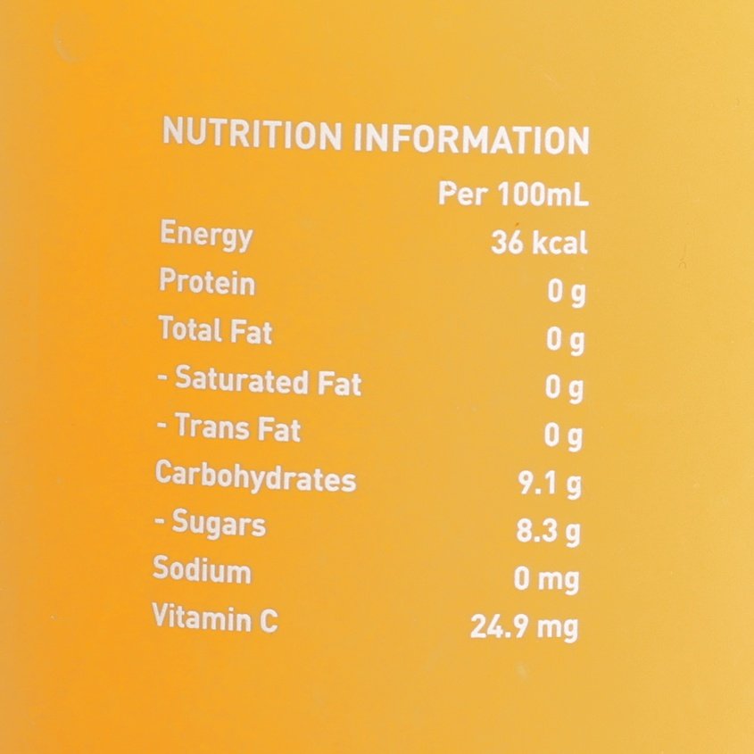 Nutrition panel per 100 mL: 36 kcal, 8.3 g sugars, 24.9 mg vitamin C