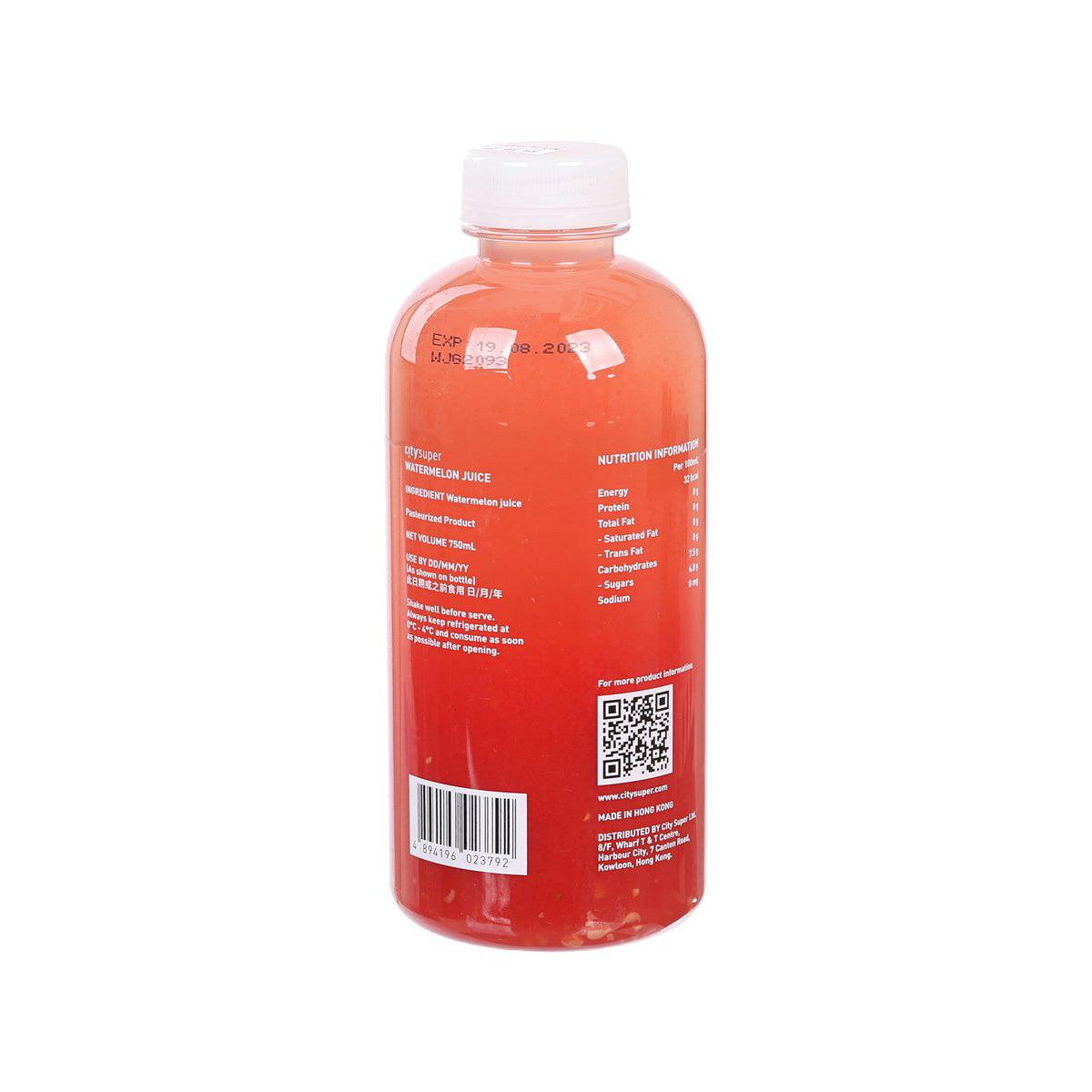 CITYSUPER watermelon juice bottle back label, 750 mL, barcode and nutrition panel