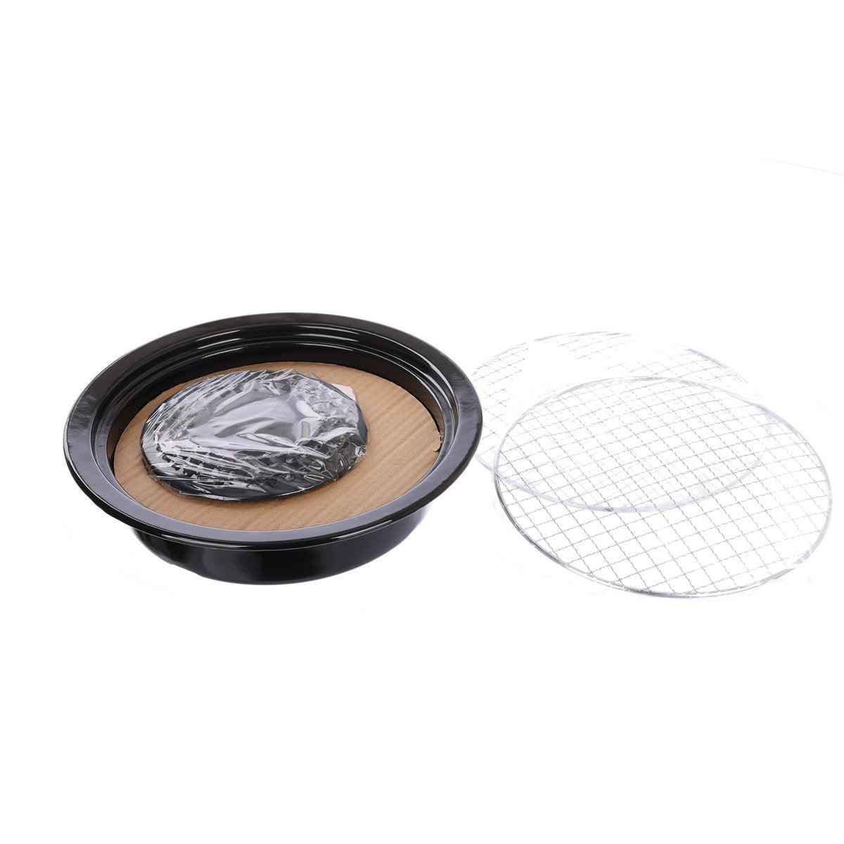 Round black grill plate with spare wire mesh cover