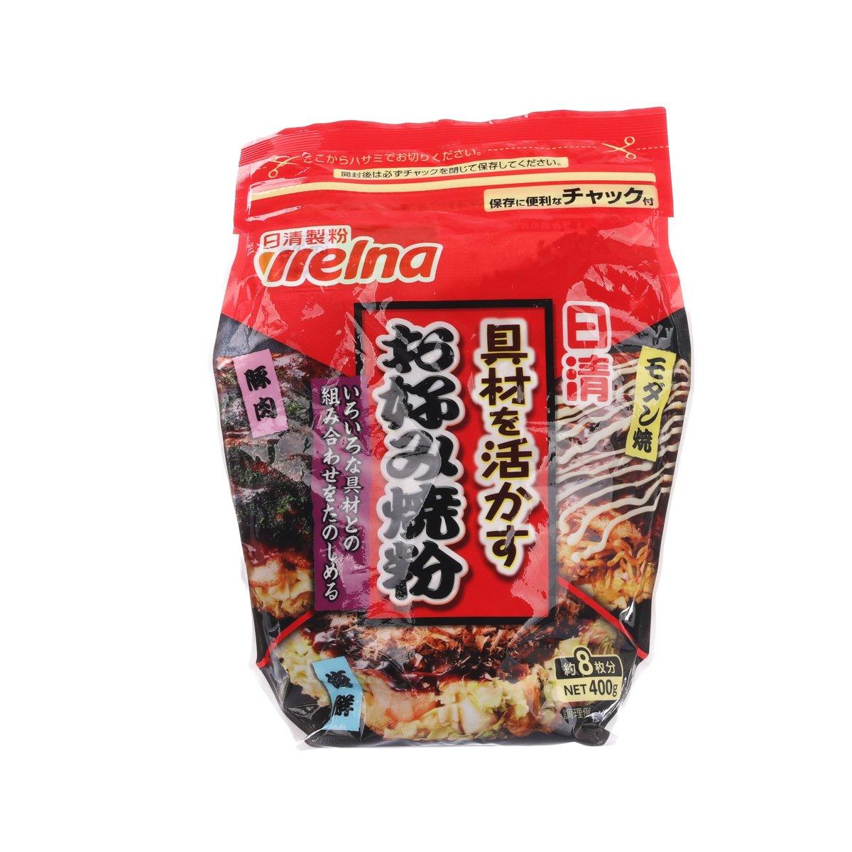 WELNA okonomiyaki Japanese pizza mix pouch, red front panel with serving photo