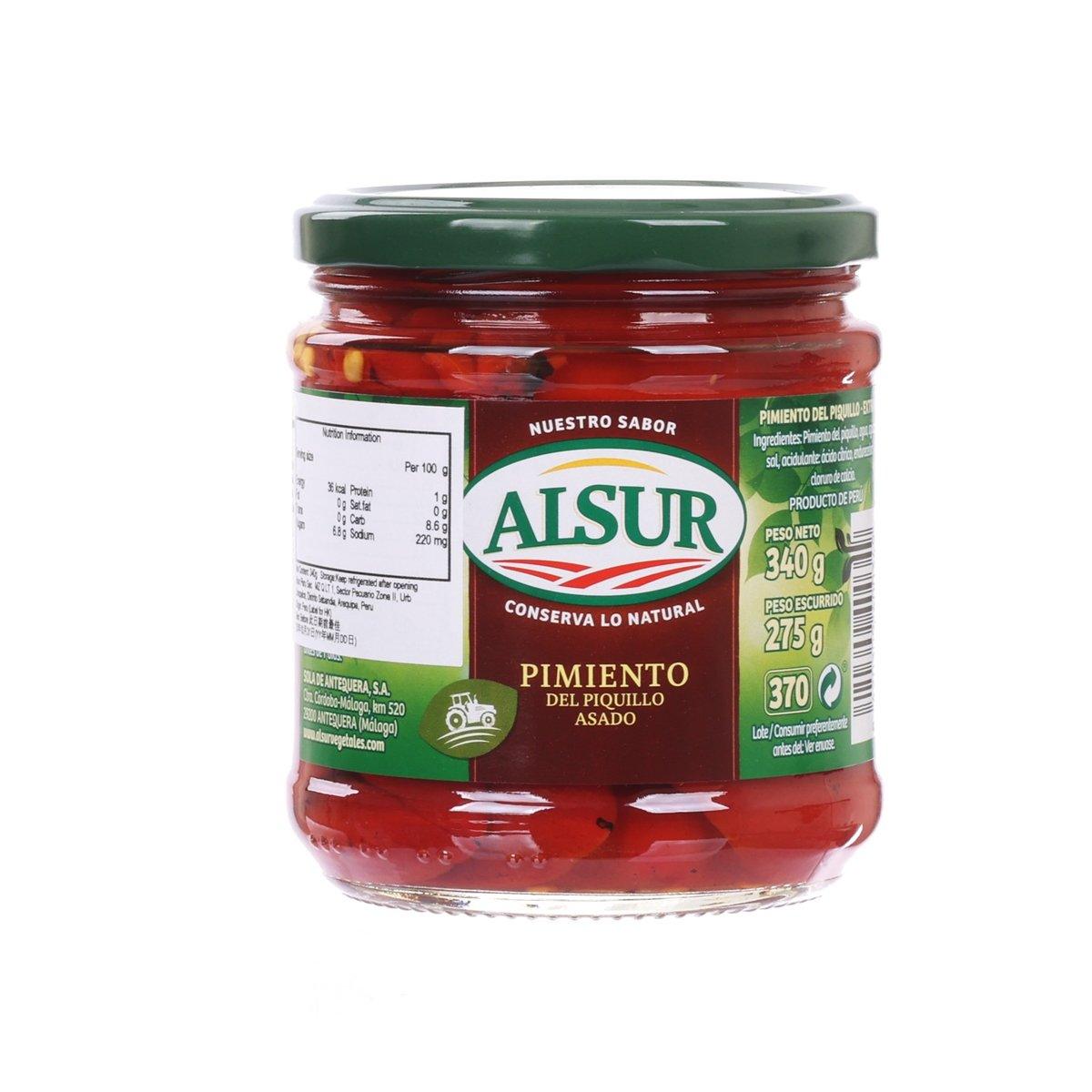 ALSUR piquillo peppers in brine jar with green lid and red peppers
