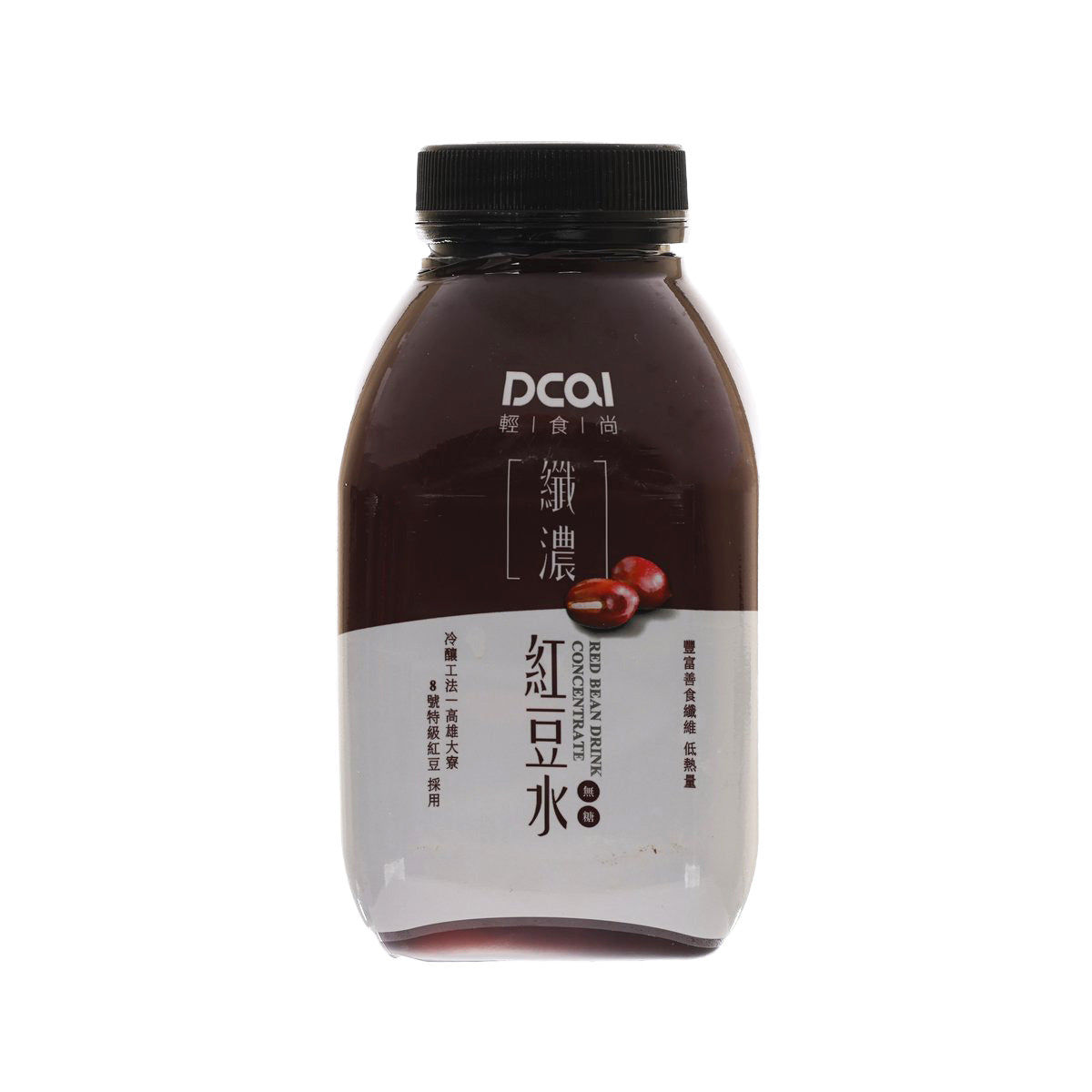 DCAL red bean drink concentrate PET bottle, black cap, dark brown liquid, front label
