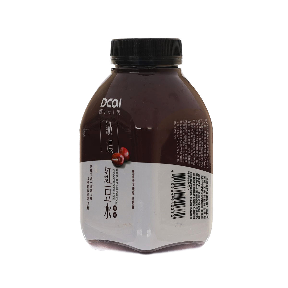 DCAL red bean drink concentrate PET bottle, black cap, barcode and back label