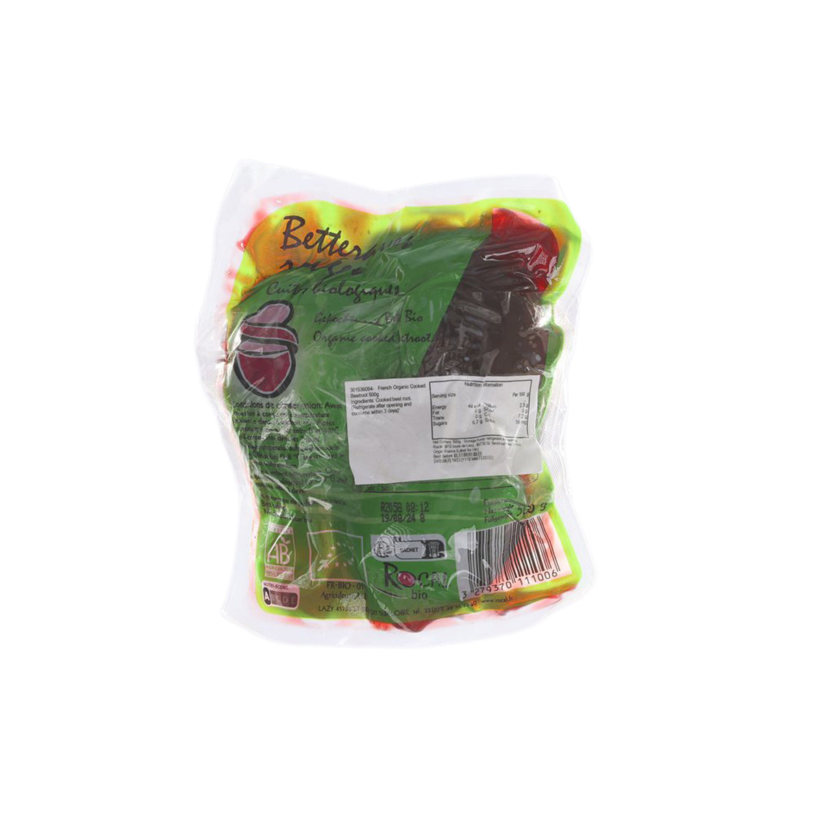 Organic cooked beetroot pouch (500 g), sealed package with visible beet pieces