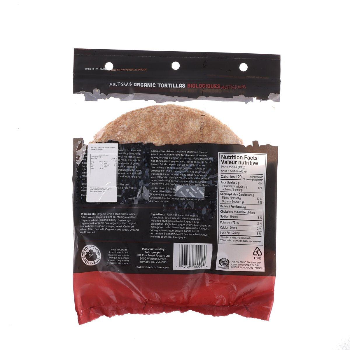 Organic multigrain tortillas package back with nutrition facts and ingredient info