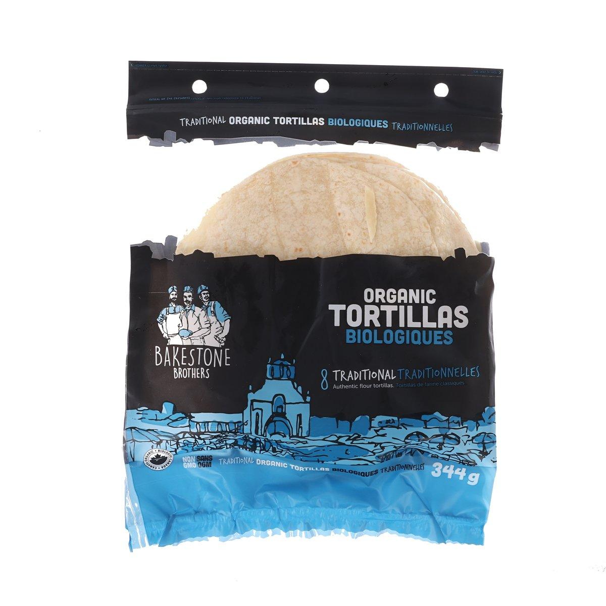 Organic traditional tortillas package showing stacked light tan tortillas, 344 g