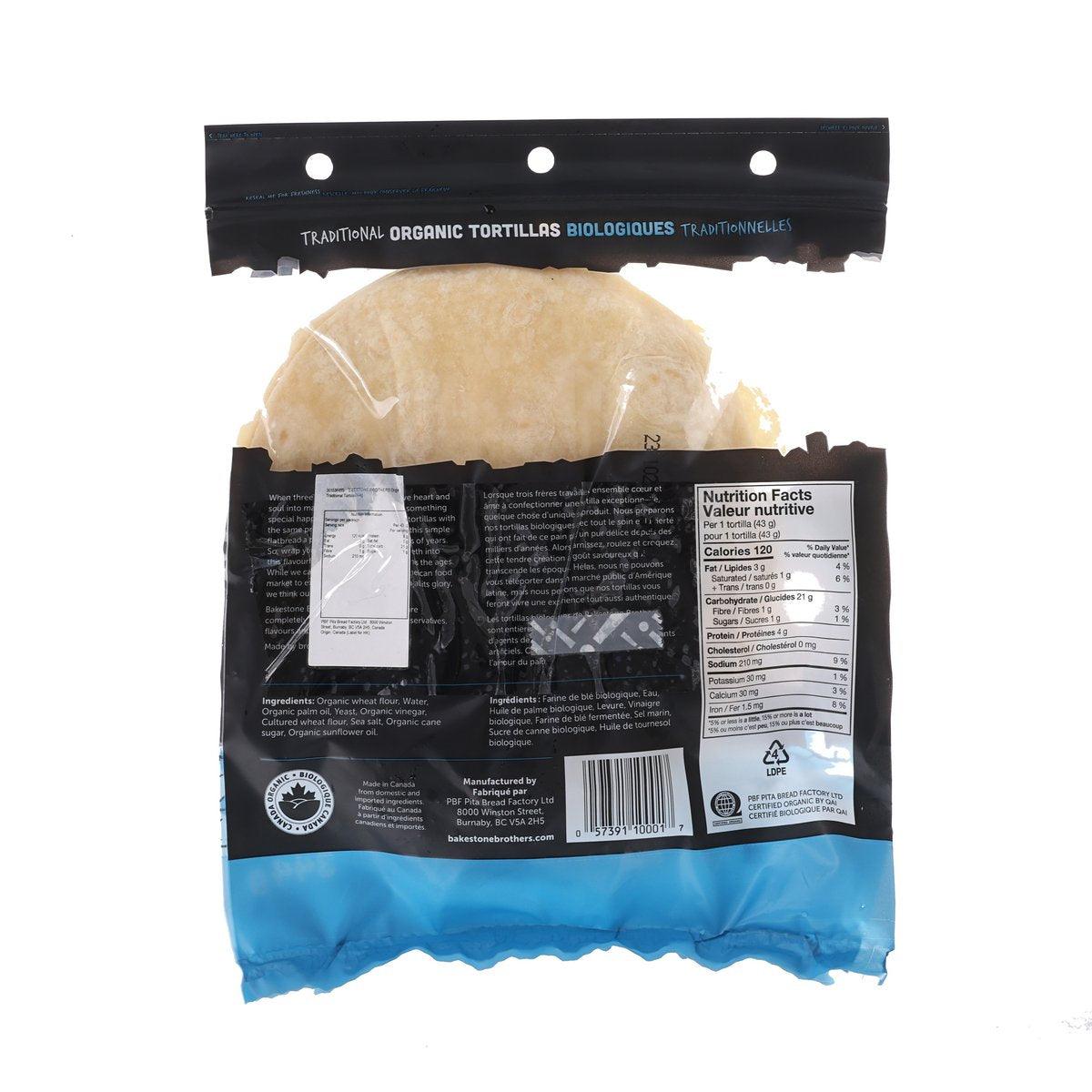 Organic traditional tortillas package back with nutrition facts and ingredient panel