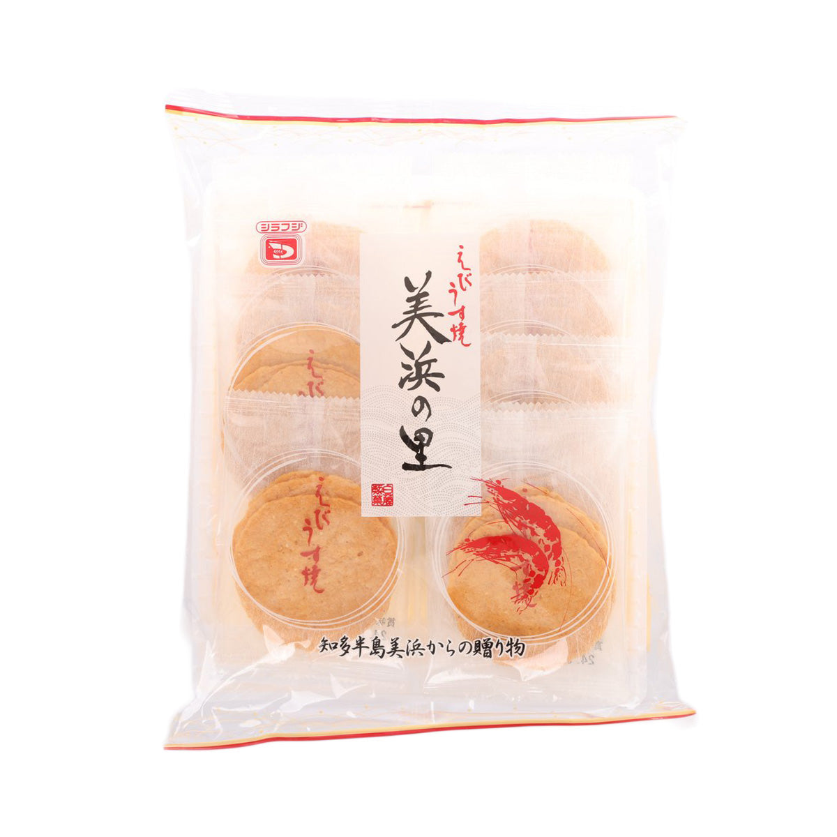 Prawn cracker bag with sliced round crackers and red prawn illustration